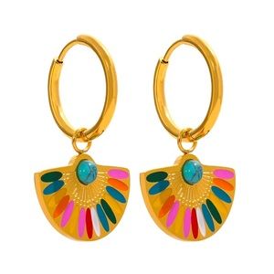 NEW 18K Gold Stainless Steel Fan Shaped Dangle Earrings Bohoemian Boho Chic